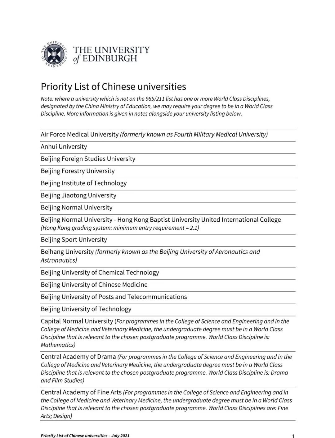 爱丁堡大学Priority List