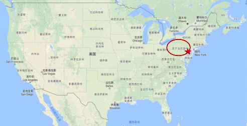红色圈出宾州所在位置，星号表示费城位置